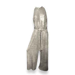 Vince Camuto Metallic Ruffle Mock Neck Jumpsuit Silver/Gold Wide Leg Womens 10